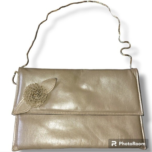 Vintage Coastal Cowgirl Y2K Maryann Rosenfeld Tan Brown Flower Gold Chain Bag - Picture 1 of 3